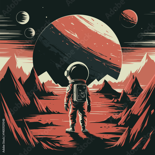 Astronaut floating in space surrounded by colorful planets
