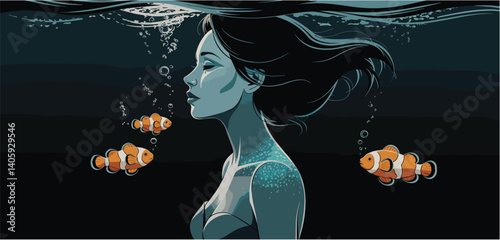 Woman underwater with clownfish and bubbles, serene aquatic scene
