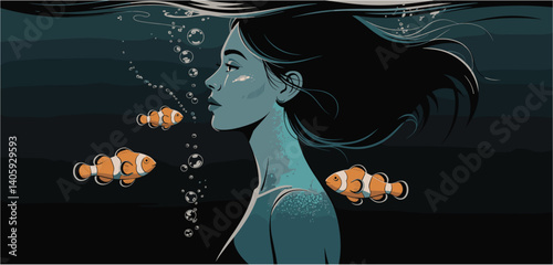 Woman underwater with clownfish and bubbles, serene aquatic scene
