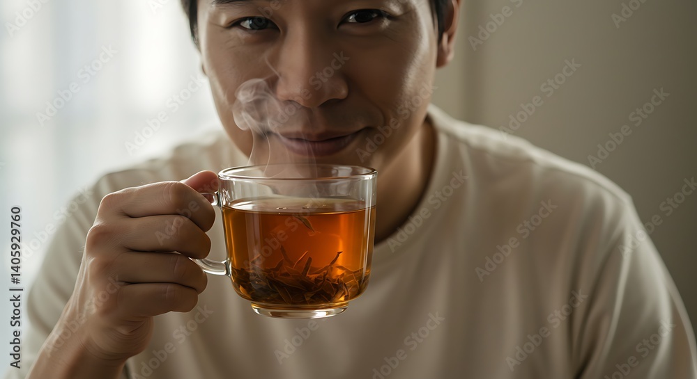 Relaxed Asian man gently warms himself with a steaming cup of herbal tea in soft morning light a tranquil moment of peace and self-care Relaxed Asian man gently warms himself with a steaming cup of herbal tea in soft morning light a tranquil moment of peace and self-care