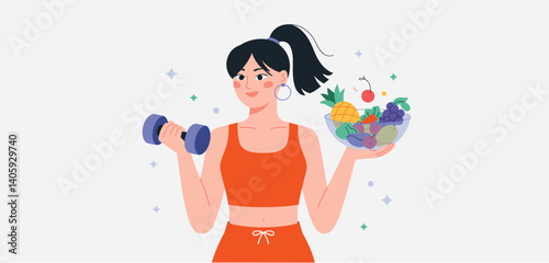 Woman holding a dumbbell in one hand and a bowl of fresh fruits in the other
