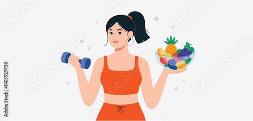 Woman holding a dumbbell in one hand and a bowl of fresh fruits in the other
