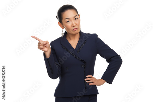 Skeptical Asian Businesswoman Pointing Left with Hand on Hip