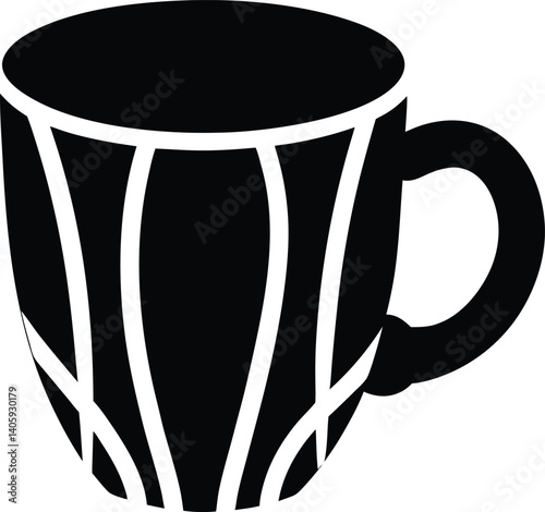 Black and white silhouette of a coffee cup, clean bold vector icon for everyday object design and branding