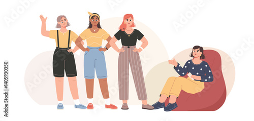 Four diverse women in a casual setting, one sitting in a beanbag chair talking to the others standing
