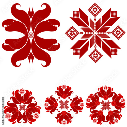 Set of red flowers in Petrykivka and Vyshyvanka style