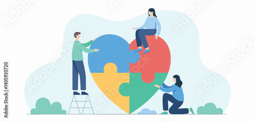 People assembling a heart puzzle, symbolizing teamwork and social support
