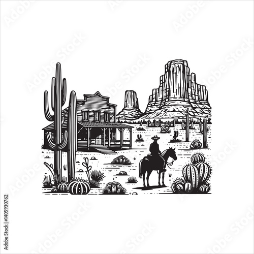 Title: Western Valley Landscape with Horse Rider and Cactus