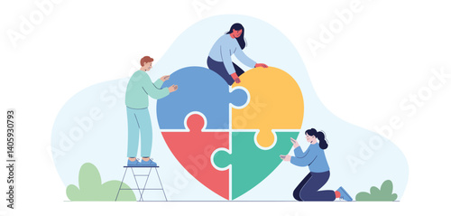 People assembling a heart puzzle, symbolizing teamwork and social support
