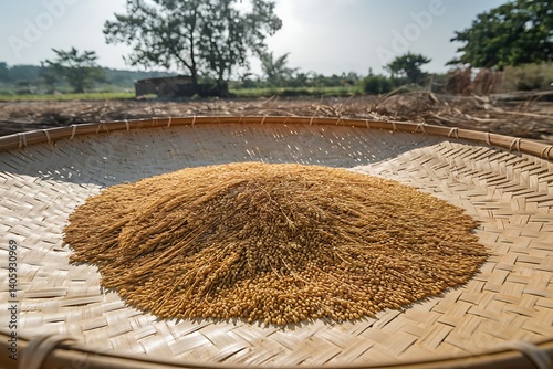 Harvesting Paddy Rice in a Traditional Woven Basket photo
