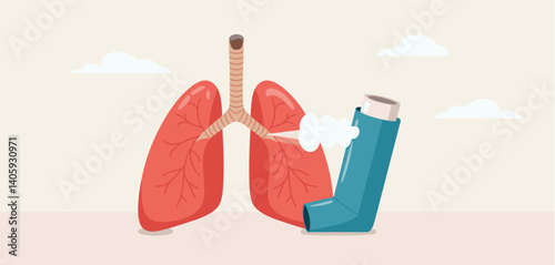 Illustration of lungs and an inhaler, asthma treatment concept
