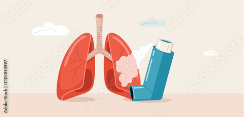 Illustration of lungs and an inhaler, asthma treatment concept
