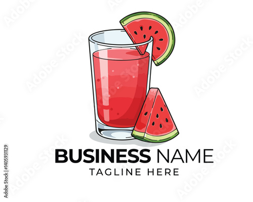 Watermelon juice glass logo design with slice illustration on white background for beverage shop branding.