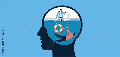 Head silhouette with a scene inside depicting someone drowning being rescued with a lifebuoy
