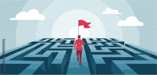 Businessman navigating maze towards red flag symbolizing success, goal achievement, and strategic problem solving, conceptual vector illustration
