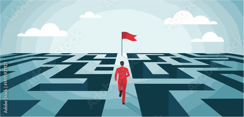 Businessman navigating maze towards red flag symbolizing success, goal achievement, and strategic problem solving, conceptual vector illustration
