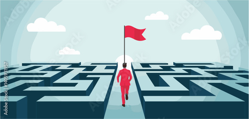 Businessman navigating maze towards red flag symbolizing success, goal achievement, and strategic problem solving, conceptual vector illustration
