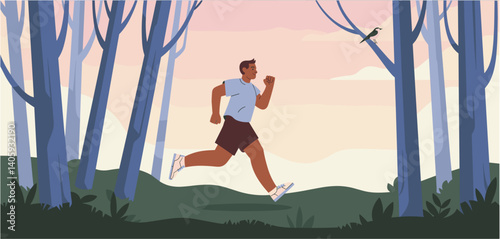 Man running in a forest landscape at dusk or dawn
