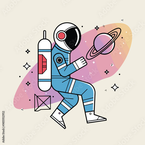 Astronaut floating in space surrounded by colorful planets
