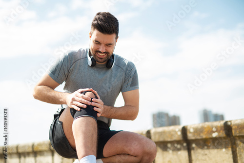 Young athlete in sportswear massaging injured knee while exercising outdoors
