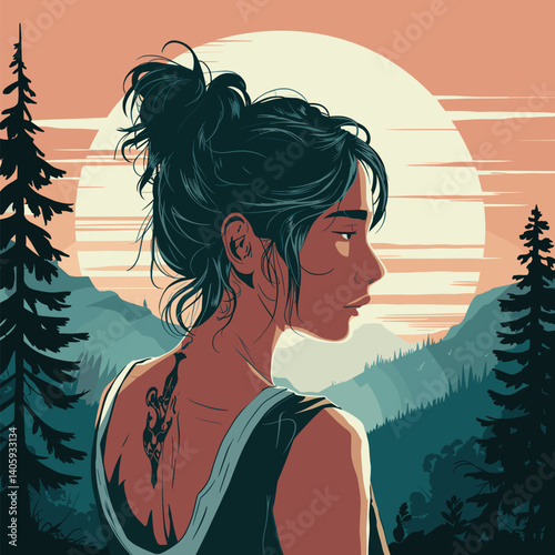 Woman with a hair bun looking at a serene landscape with a large moon
