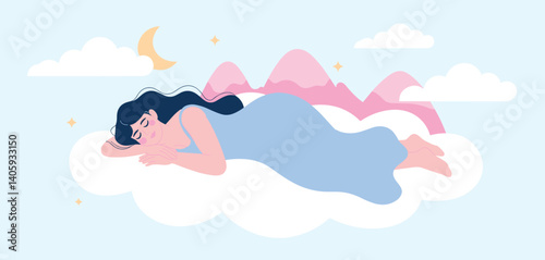 Woman sleeping peacefully on a cloud under a crescent moon and stars
