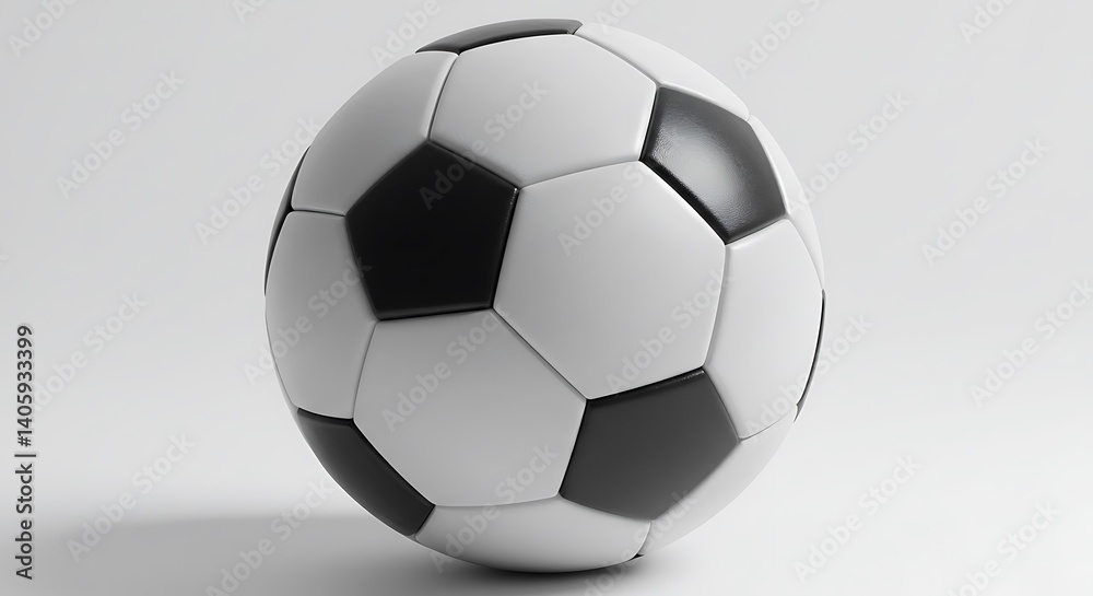 Naklejka premium A perfectly rendered 3D model of a classic black and white soccer ball rests on a minimalist white background ready for the big game. Ideal for sports graphics or website design.