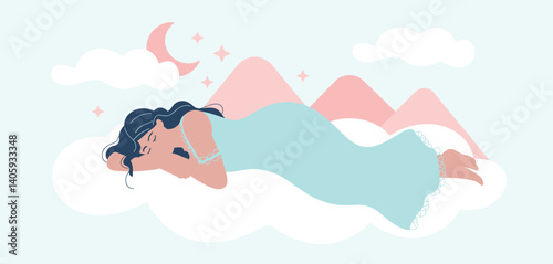 Woman sleeping peacefully on a cloud under a crescent moon and stars
