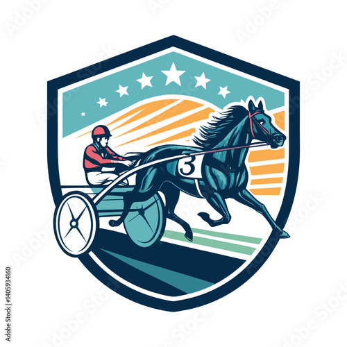 Harness Racing Horse and Sulky Cart Shield Logo Design