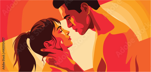 Close-up illustration of a couple looking at each other with affection
