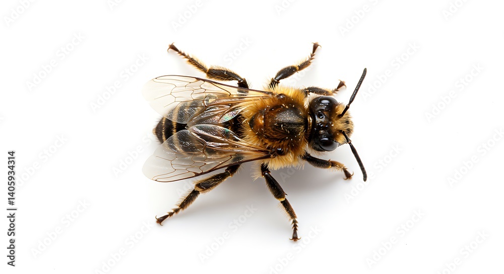 A detailed dorsal view of a honeybee showcasing its intricate body structure and delicate wings against a pure white background 