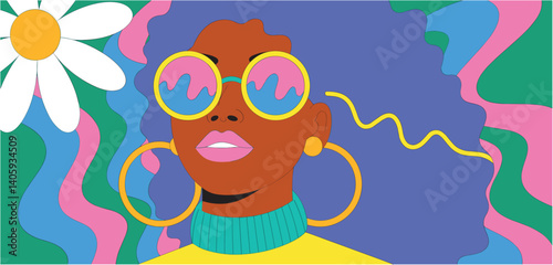 Portrait of a stylish woman with afro hair and retro sunglasses in a psychedelic background
