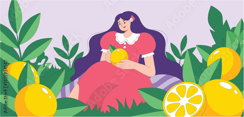 Woman sitting among leaves holding a lemon in her hands
