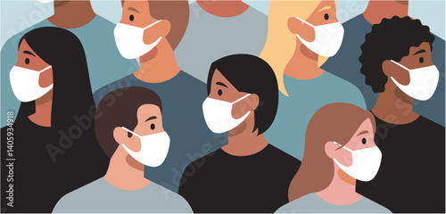 Crowd of diverse people wearing protective face masks
