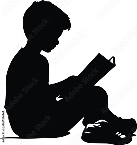 a child sitting and reading book, silhouette vector