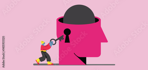Small figure using a key to unlock the mind represented by a large head silhouette
