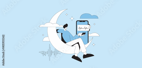 Person sitting on a crescent moon using a smartphone with sound waves displayed
