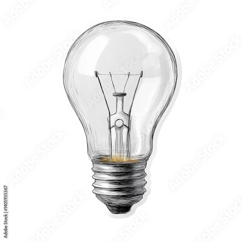 Realistic sticker of a white lightbulb with thin black outline on transparent background, no shadow, idea symbol, glowing effect