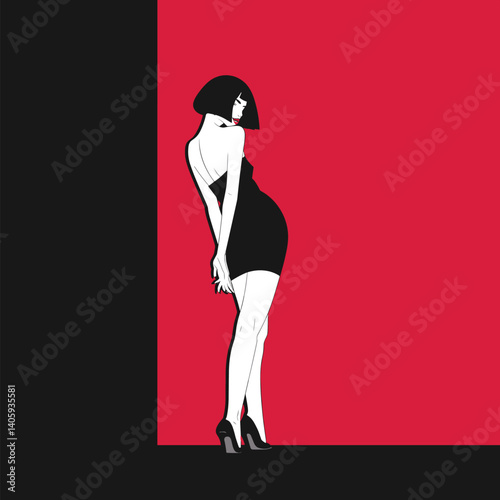 Stylized female silhouette in black dress on red and black geometric background, minimalist fashion illustration
