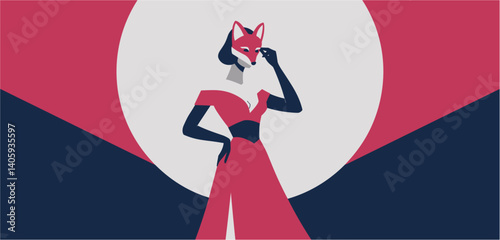 Stylized female silhouette in black dress on red and black geometric background, minimalist fashion illustration
