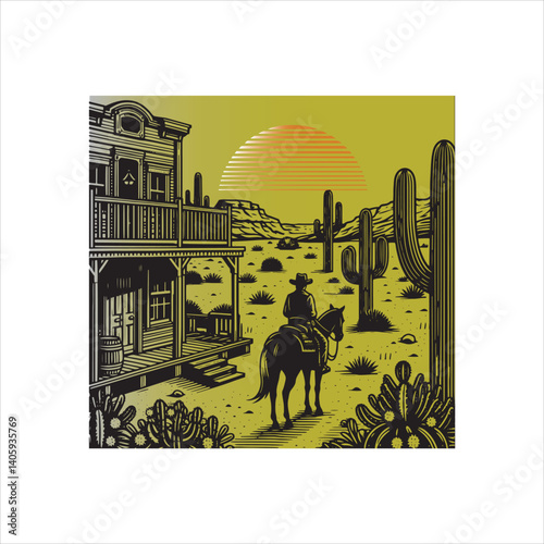 Title: Western Valley Landscape with Horse Rider and Cactus
