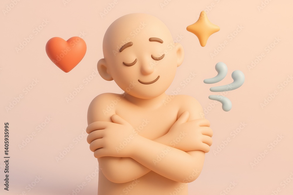 Embrace Your True Self: A serene 3D character embraces itself with closed eyes, surrounded by symbols of love, and calmness, capturing the essence of self-acceptance and inner peace. Embrace Your True Self: A serene 3D character embraces itself with closed eyes, surrounded by symbols of love, and calmness, capturing the essence of self-acceptance and inner peace.