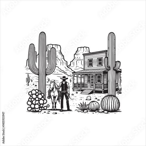 Title: Western Valley Landscape with Horse Rider and Cactus