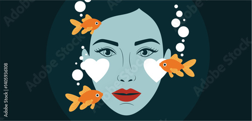 Surreal underwater portrait of woman with heart shapes on cheeks and goldfish swimming around, conceptual fantasy illustration
