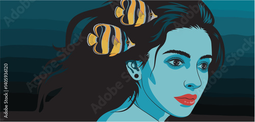 Surreal underwater portrait of woman with heart shapes on cheeks and goldfish swimming around, conceptual fantasy illustration
