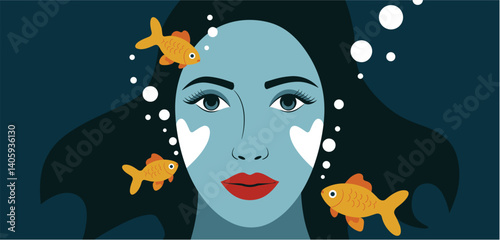 Surreal underwater portrait of woman with heart shapes on cheeks and goldfish swimming around, conceptual fantasy illustration
