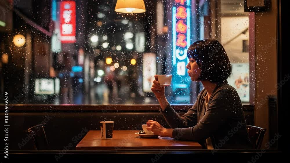A still shot of a Beautiful Asian woman  having a refreshing milk drink while sitting in a cafe through a rain soaked window in asia of a city landscape at night with bokeh neon lights