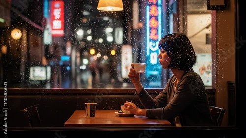 A still shot of a Beautiful Asian woman  having a refreshing milk drink while sitting in a cafe through a rain soaked window in asia of a city landscape at night with bokeh neon lights