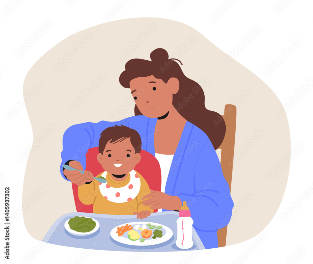 Mother helping toddler son to eat porridge, fruits and vegetables healthy nutrition from spoon Mother helping toddler son to eat porridge, fruits and vegetables healthy nutrition from spoon