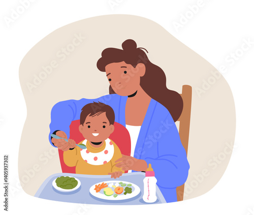 Mother helping toddler son to eat porridge, fruits and vegetables healthy nutrition from spoon